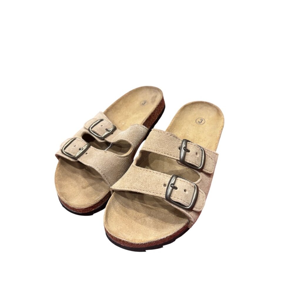 Tan Double Buckle Slide Sandals Faux Suede Upper Contoured Footbed Shoes Sz 3